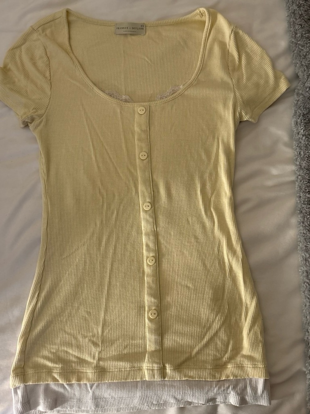 Yellow Scoop Neck Button-Front Ribbed Top